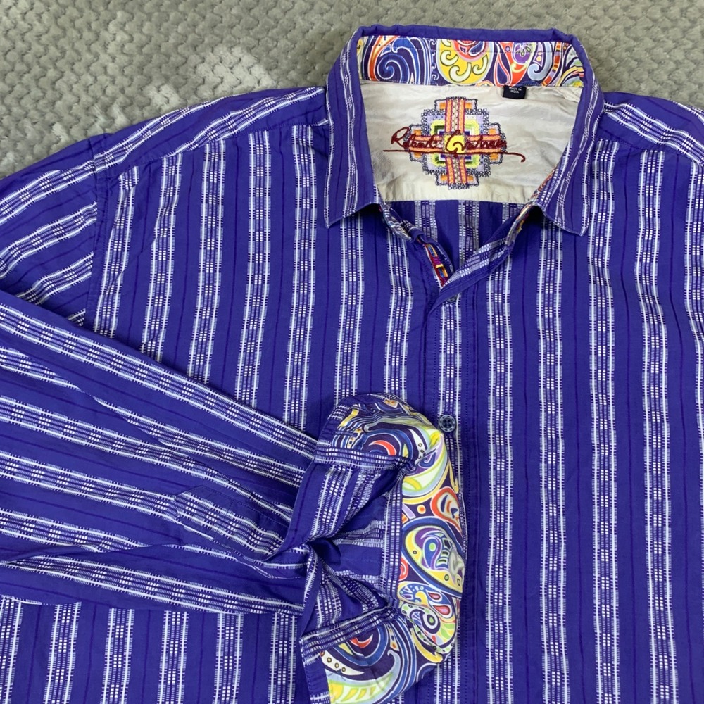 Robert Graham Mens XL Purple Striped Button Down Shirt Paisley Trim Silk Cotton